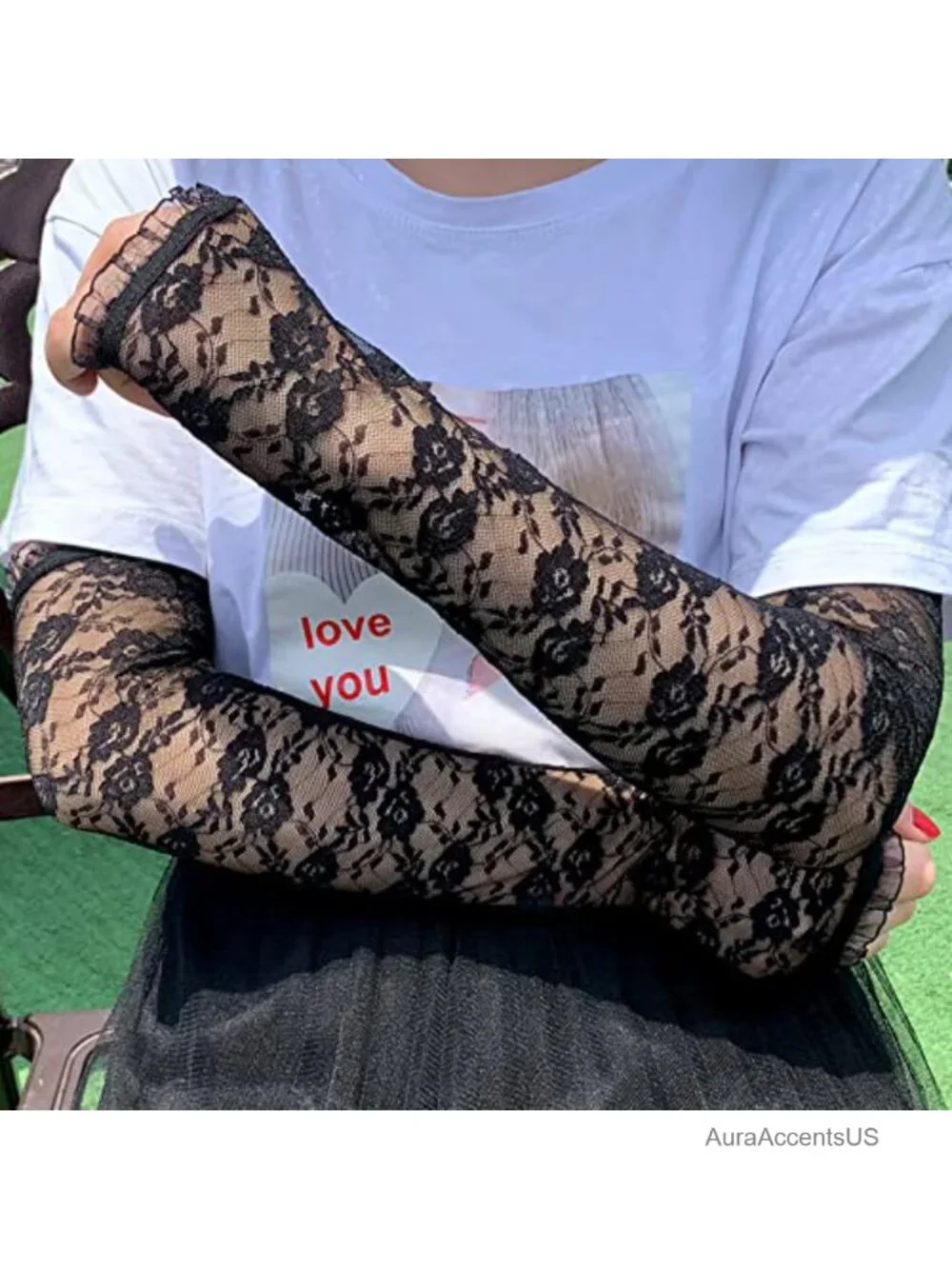 Fingerless Lace Gloves for Women, Floral Elbow Length Arm Sleeves, UV